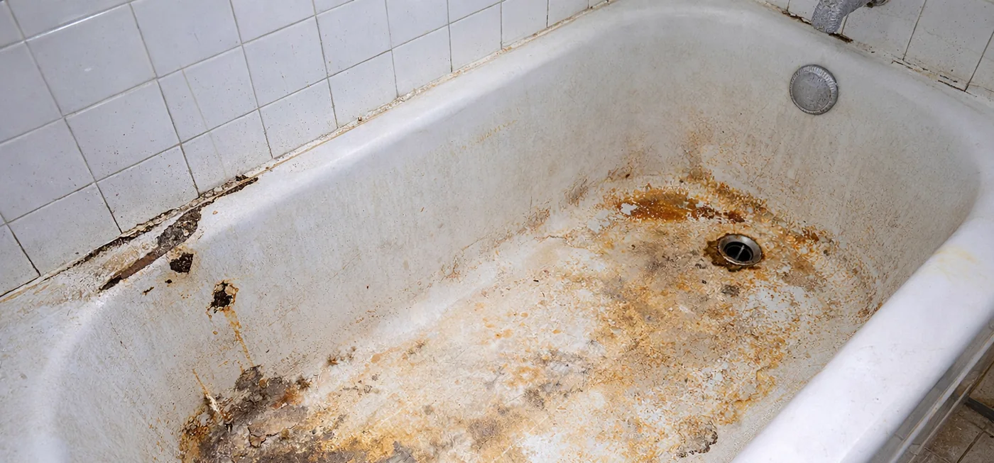 A bathtub before refinishing: heavy rust staining and worn enamel.