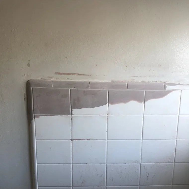 A tile wall with the top row of tile missing and the mortar bed behind it crumbling, marked off with tape.
